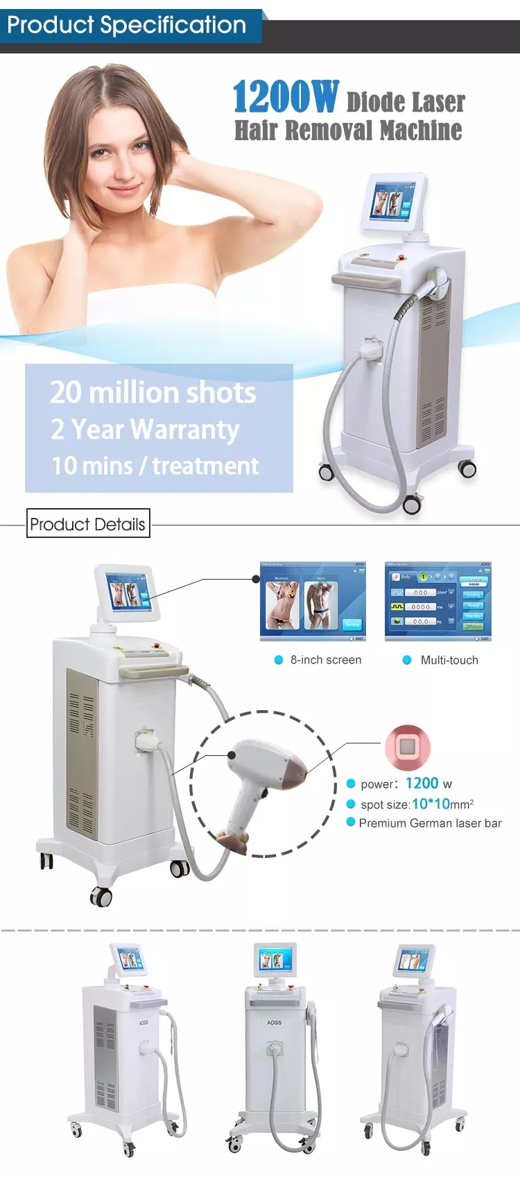 1200W High Power 808 Diode Laser Hair Removal Laser Machine