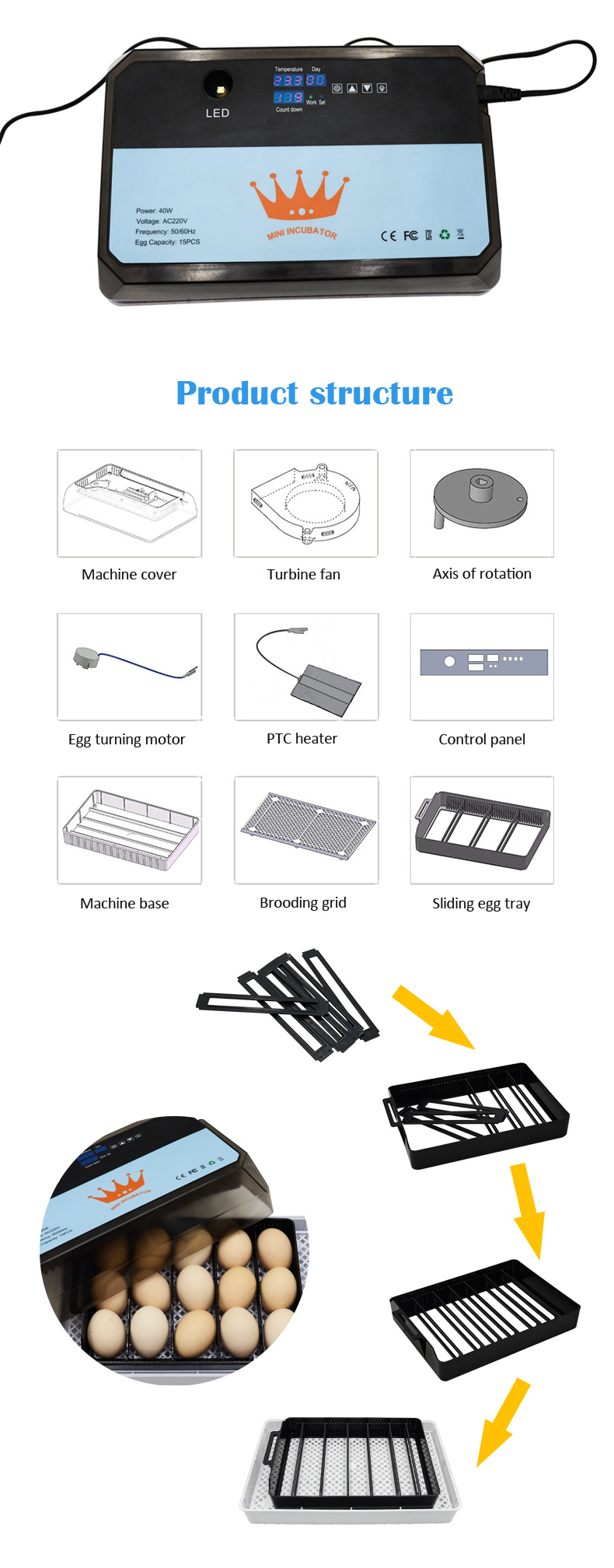 New Design Multi-Function Automatic 15 Chicken Mini Egg Incubator