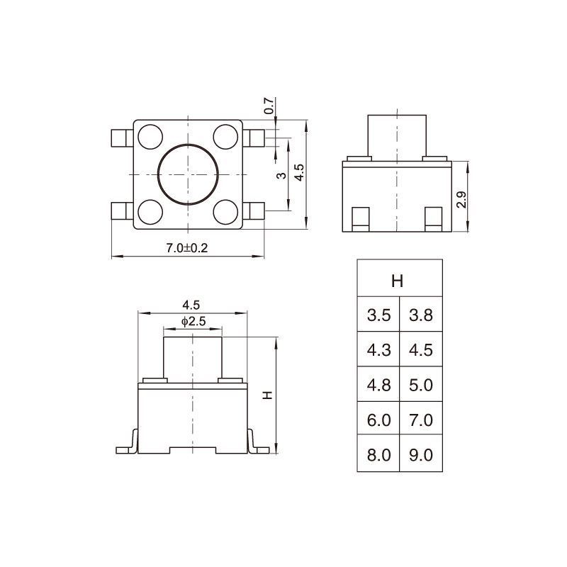 High Quality Tact Switch with Round Button 4.5*4.5*3.8/4.3/5mm 4pin (SMD)