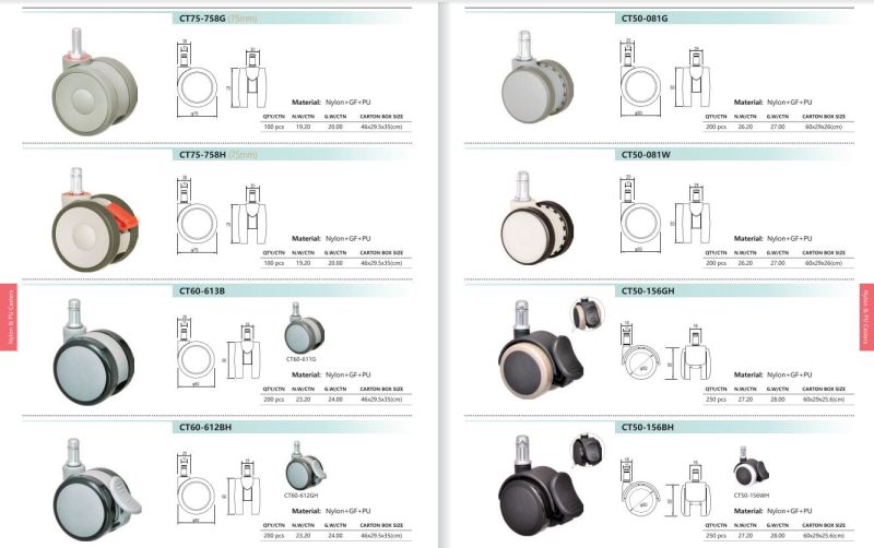 Office Chair Caster 50mm/60mm/75mm with PVC PP PU PA Caster