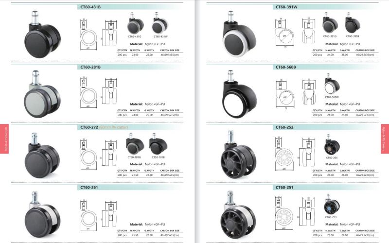 Office Chair Caster 50mm/60mm/75mm with PVC PP PU PA Caster