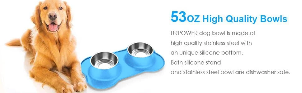 Waterproof Double Dish Stainless Steel Dog Bowl with Non-Skid Pet Dog Mat