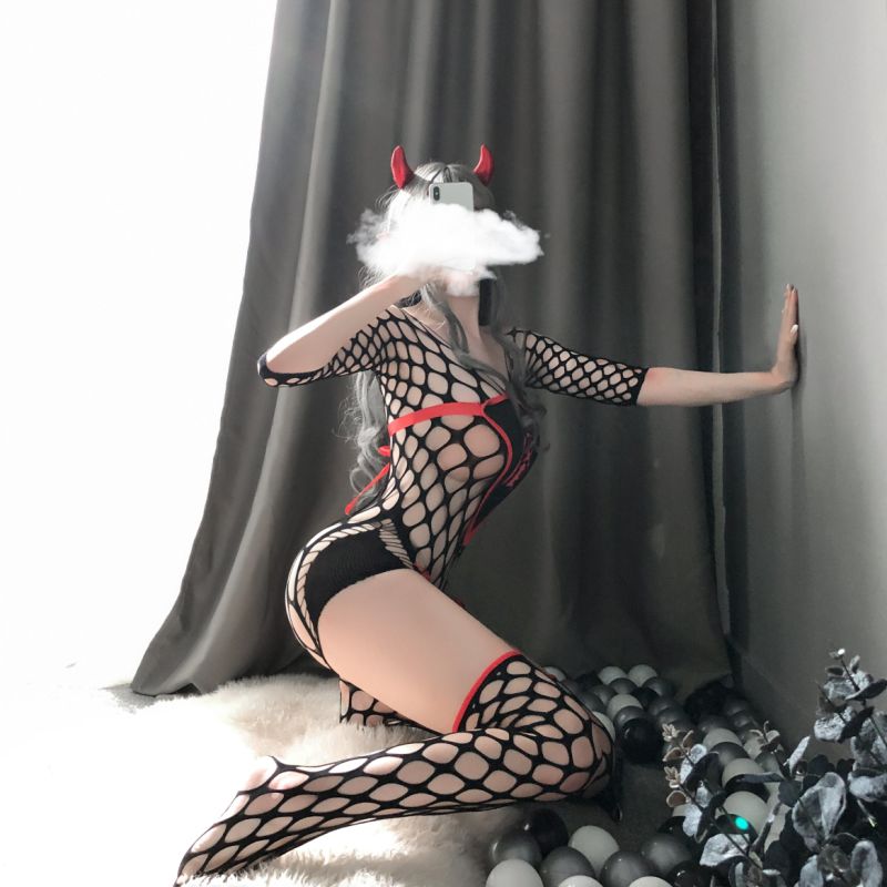 Fishnet Temptation Black Sexy Lingerie with Cute Ears