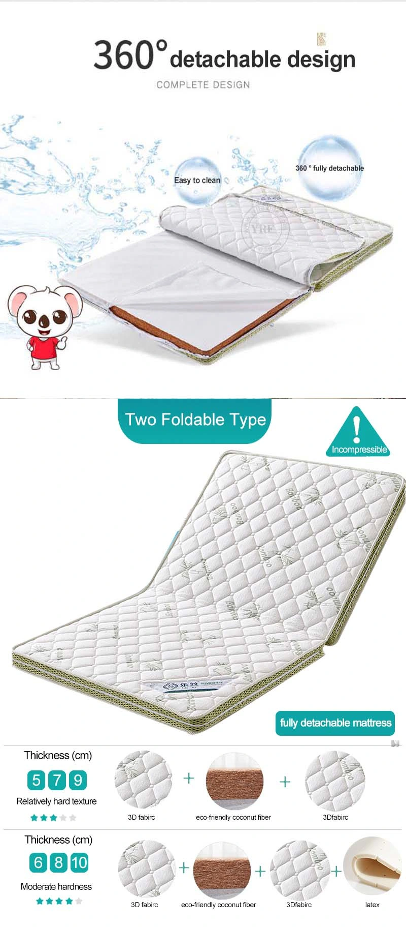 Home Latex Sleeping Tatami Tri-Fold Detachable Washable 8cm Bed Bedroom