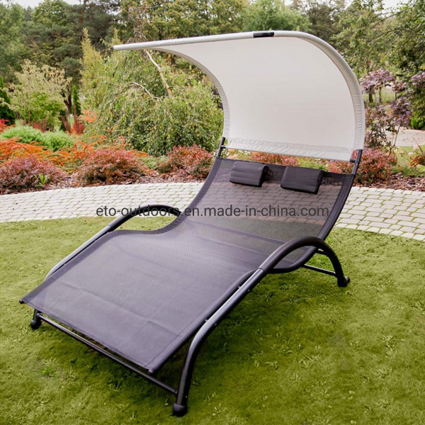 Portable Double Chaise Lounge Hammock Bed with Sun Shade & Pillow for Patio Garden Yard