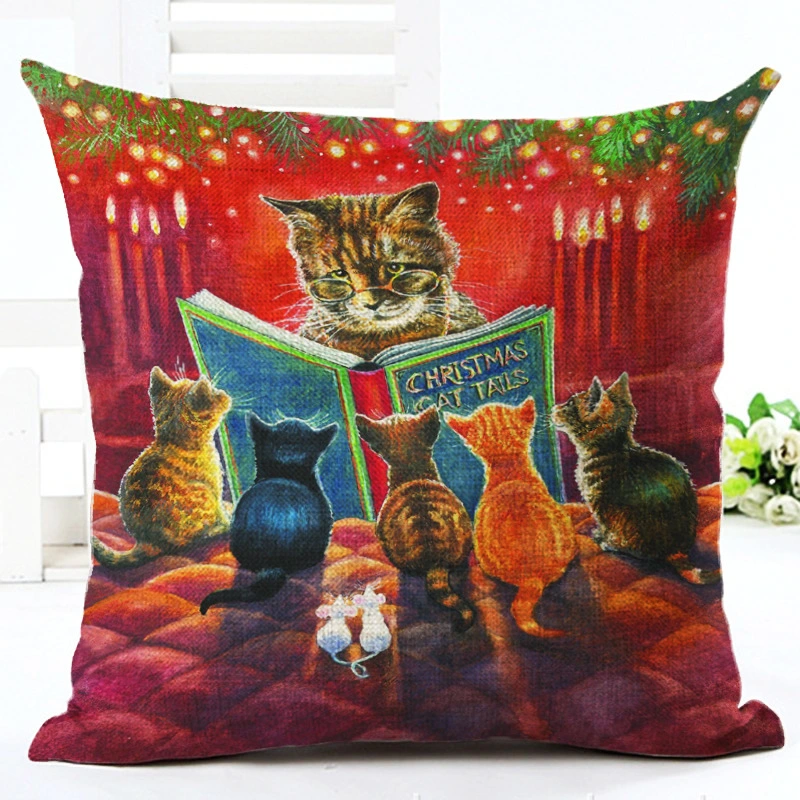 Christmas Stocking Kitten Linen Pillowcase Living Room Sofa Cushion Cover