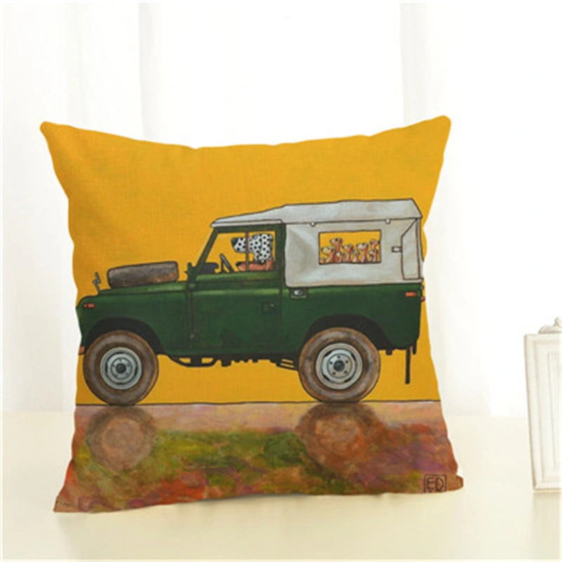 Dog Car Drive Travel Cartoon Linen Pillowcase Living Room Sofa Cushion Cover