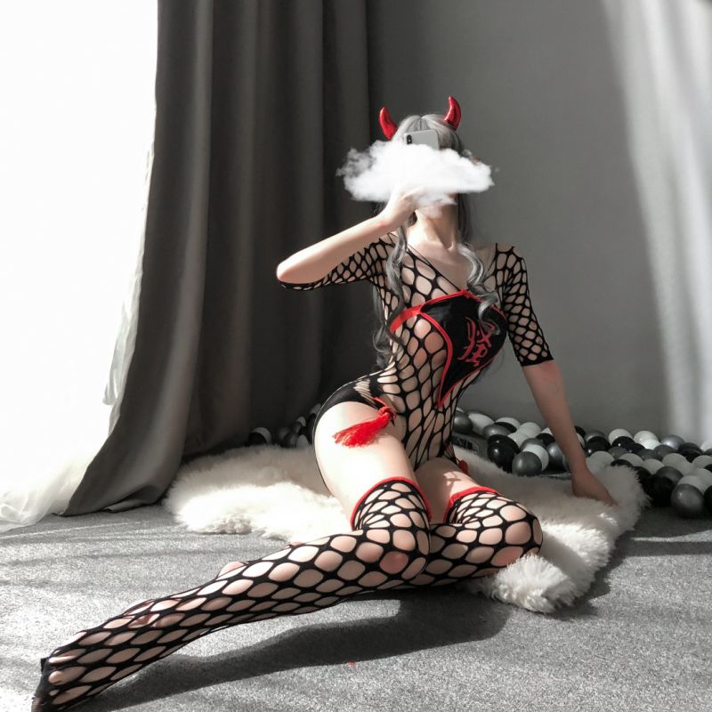 Fishnet Temptation Black Sexy Lingerie with Cute Ears