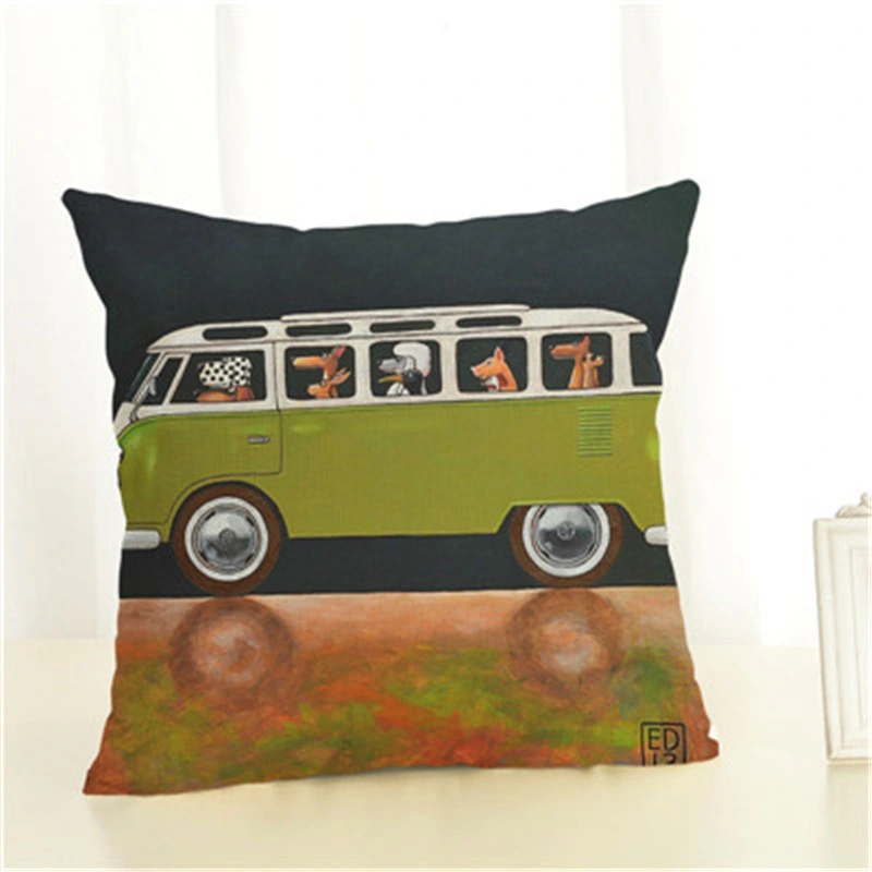 Dog Car Drive Travel Cartoon Linen Pillowcase Living Room Sofa Cushion Cover