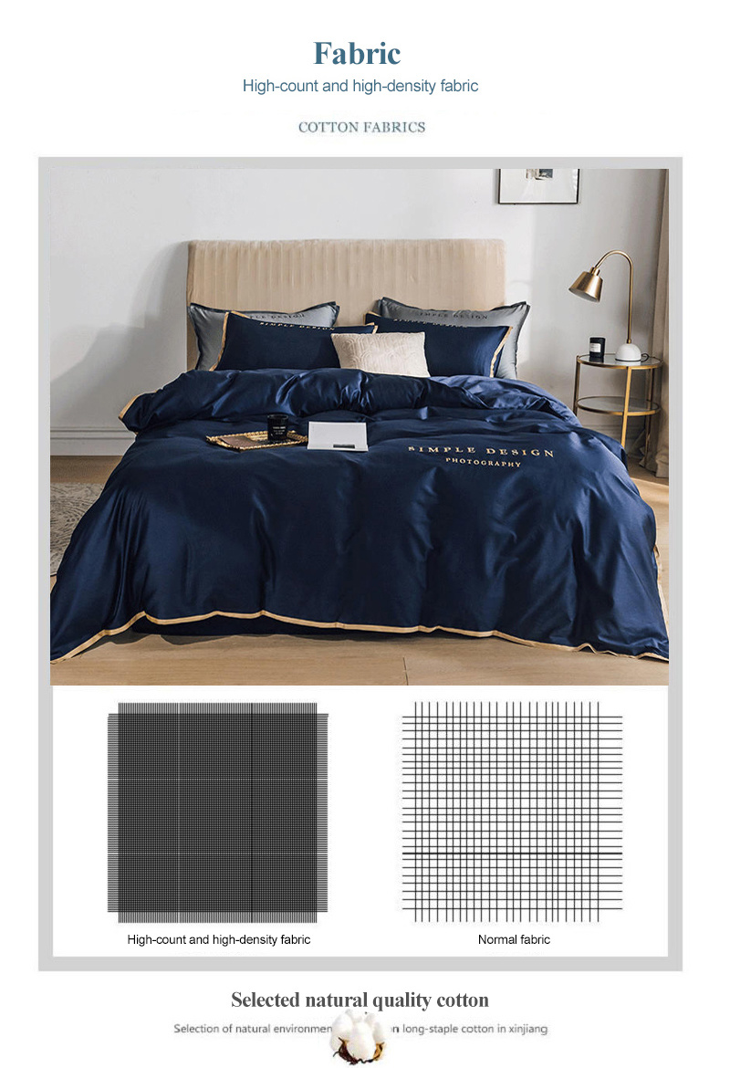Home Textile Simple Style 4 PCS Smooth Bedding Set Dark Blue