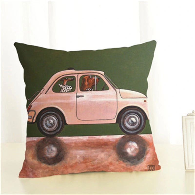 Dog Car Drive Travel Cartoon Linen Pillowcase Living Room Sofa Cushion Cover