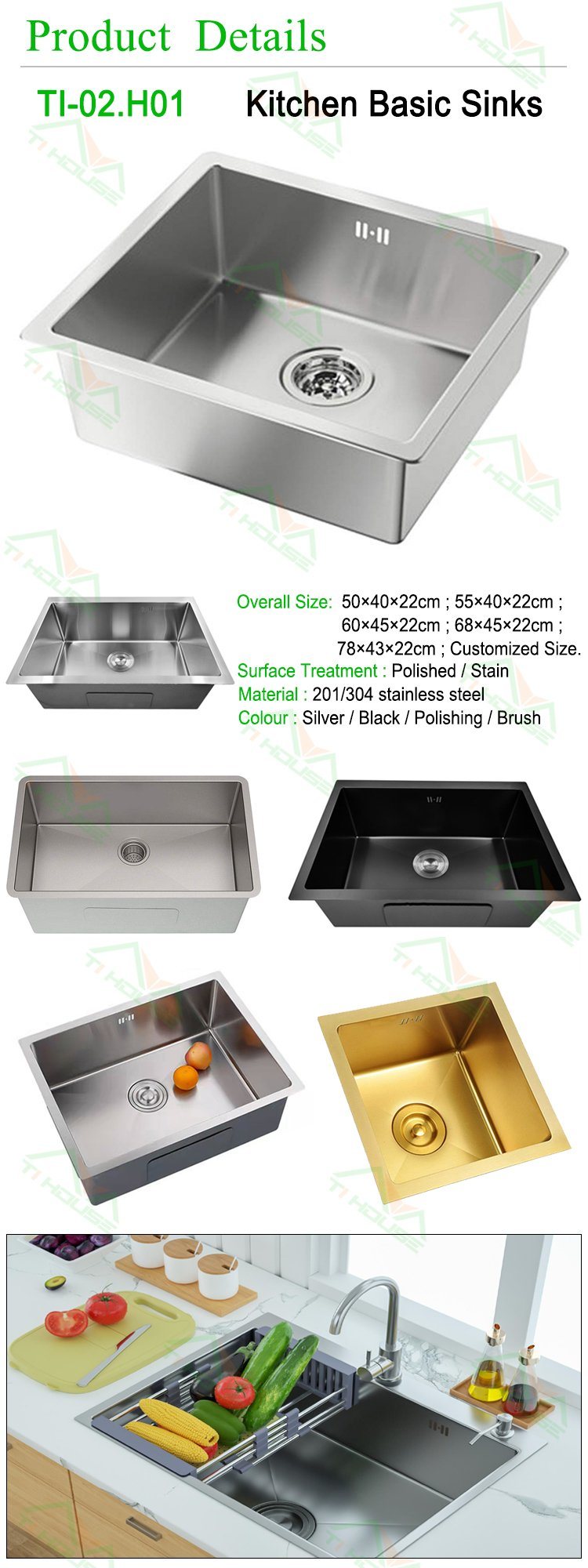 One Piece Kitchen Sink and Countertop Stainless Steel Trough Sink