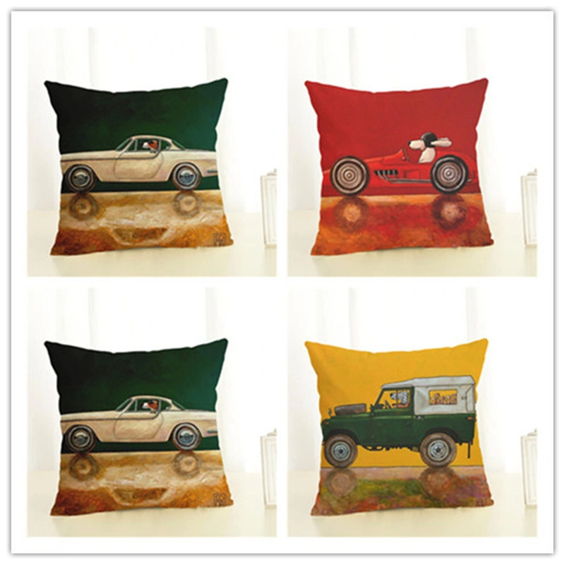 Dog Car Drive Travel Cartoon Linen Pillowcase Living Room Sofa Cushion Cover