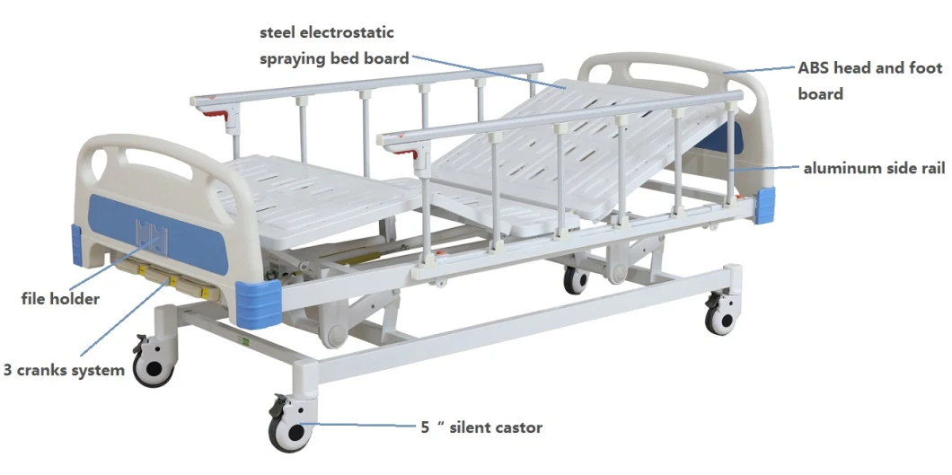 3 Cranks Manual Hospital Bed/Patient Bed/Sick Bed/Medical Bed with Aluminum Side Rail