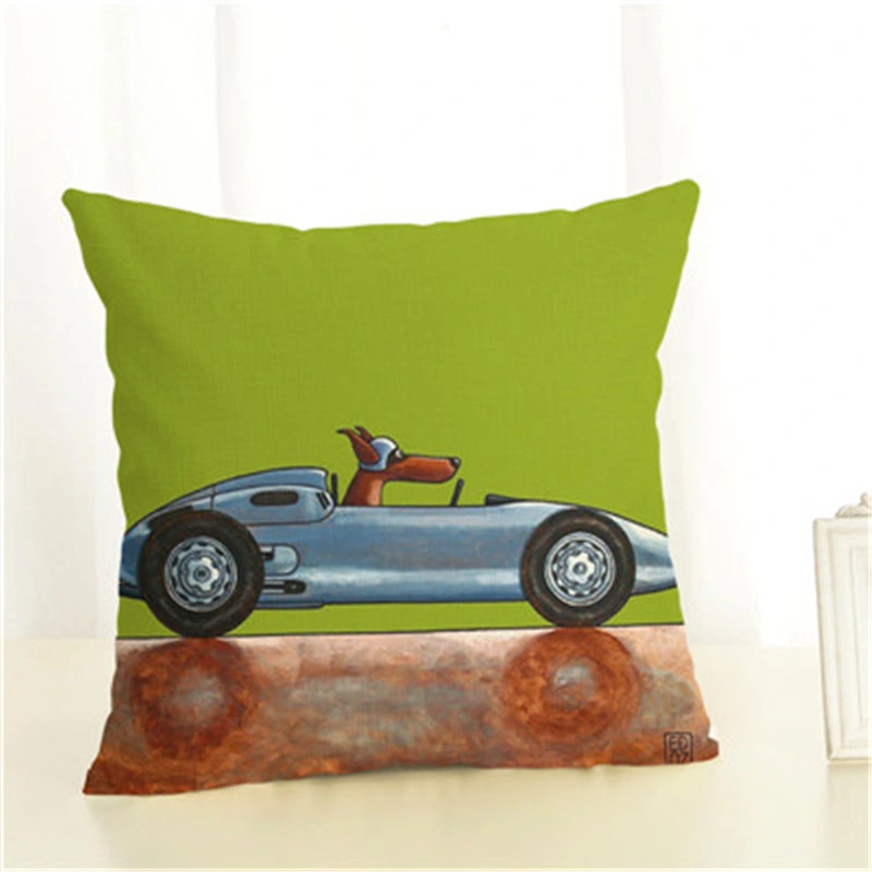 Dog Car Drive Travel Cartoon Linen Pillowcase Living Room Sofa Cushion Cover