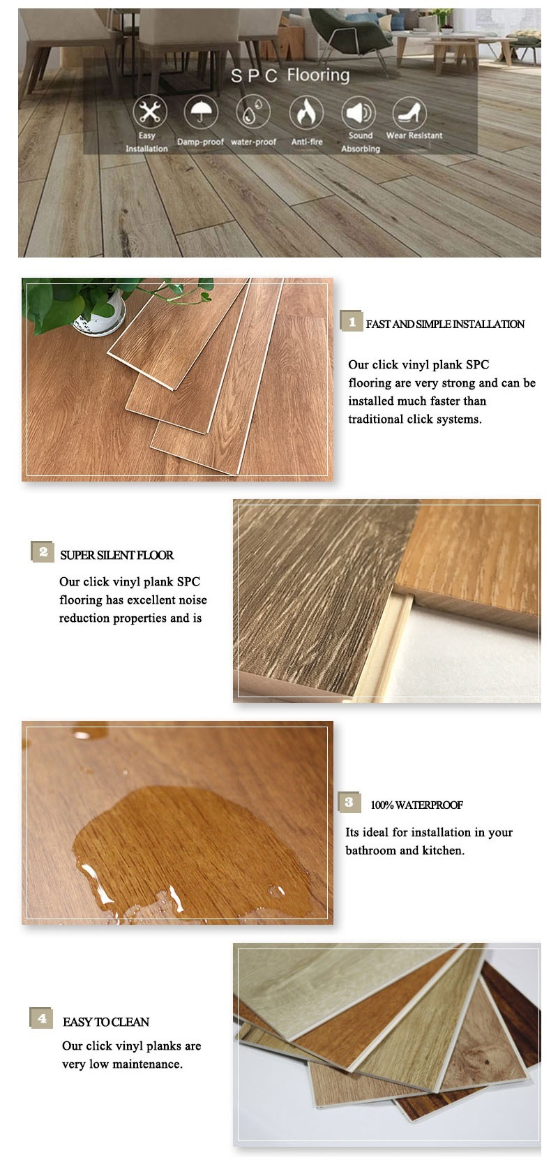Eco-Friendly Waterproof Easy Clean Spc Click Vinyl Flooring for Home