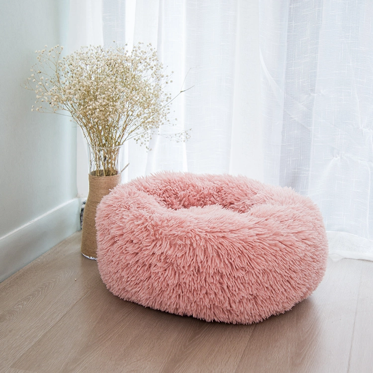 Hotsale Cute Cushion Soft Warm Colorful Long Plush Round Kennel Doughnut Dog Cat Pet Bed