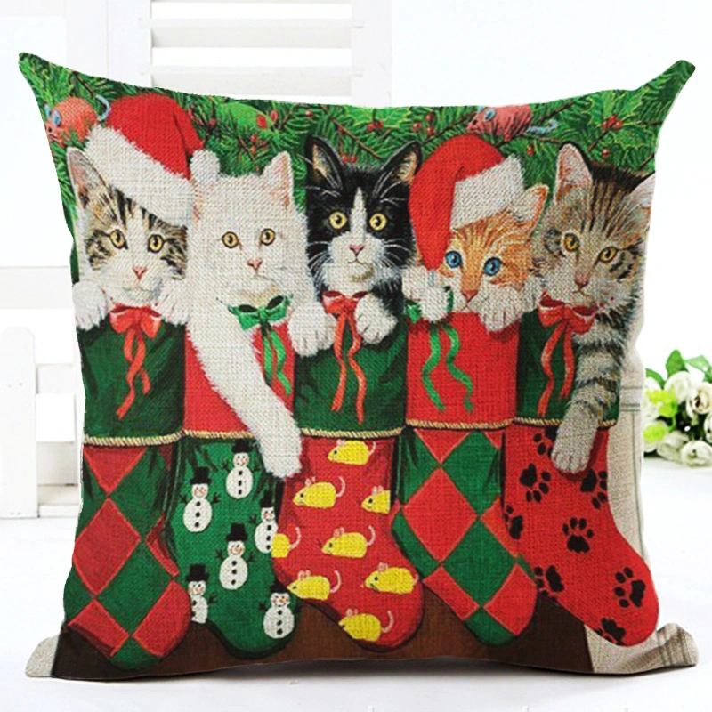 Christmas Stocking Kitten Linen Pillowcase Living Room Sofa Cushion Cover