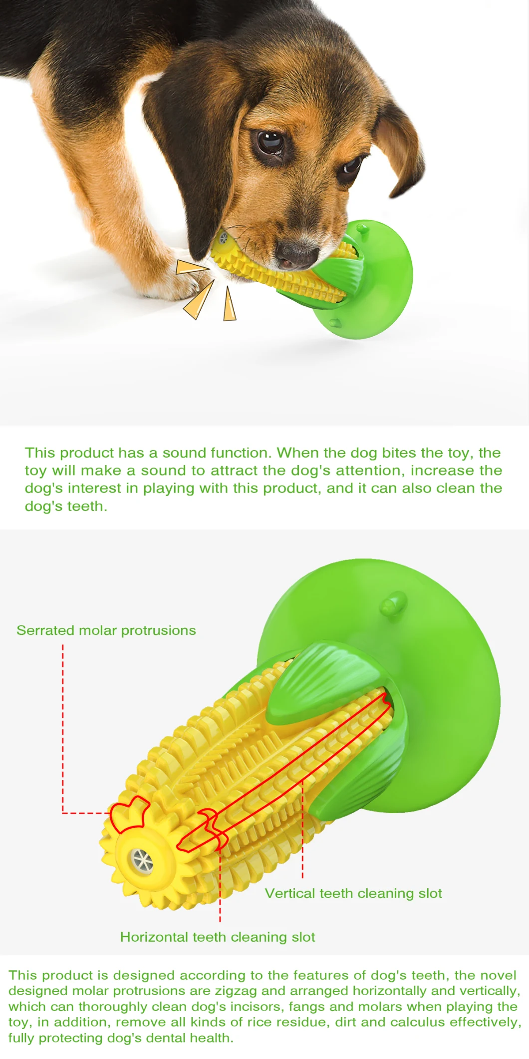 Durable Corn Shaped Dog Toothbrush Suction Squeaker Rubber Pet Chew Toys Teething Stick Puppy Game Anxiety Calming