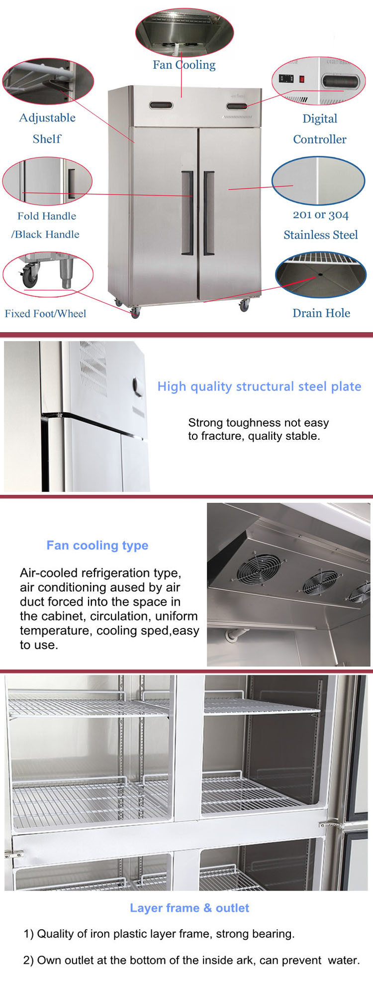 Vertical Restaurant Double Door Stainless Steel Commercial Chiller/Freezer/ Refrigerator