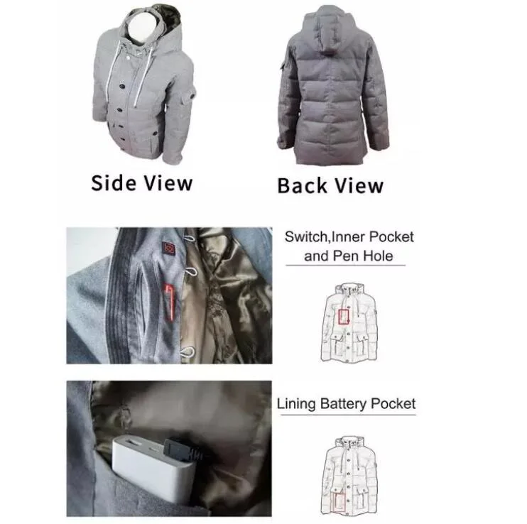 Womens Battery Heated Woolen Down Jacket with Detachable Hood 5V Battery Heated Padded Jacket