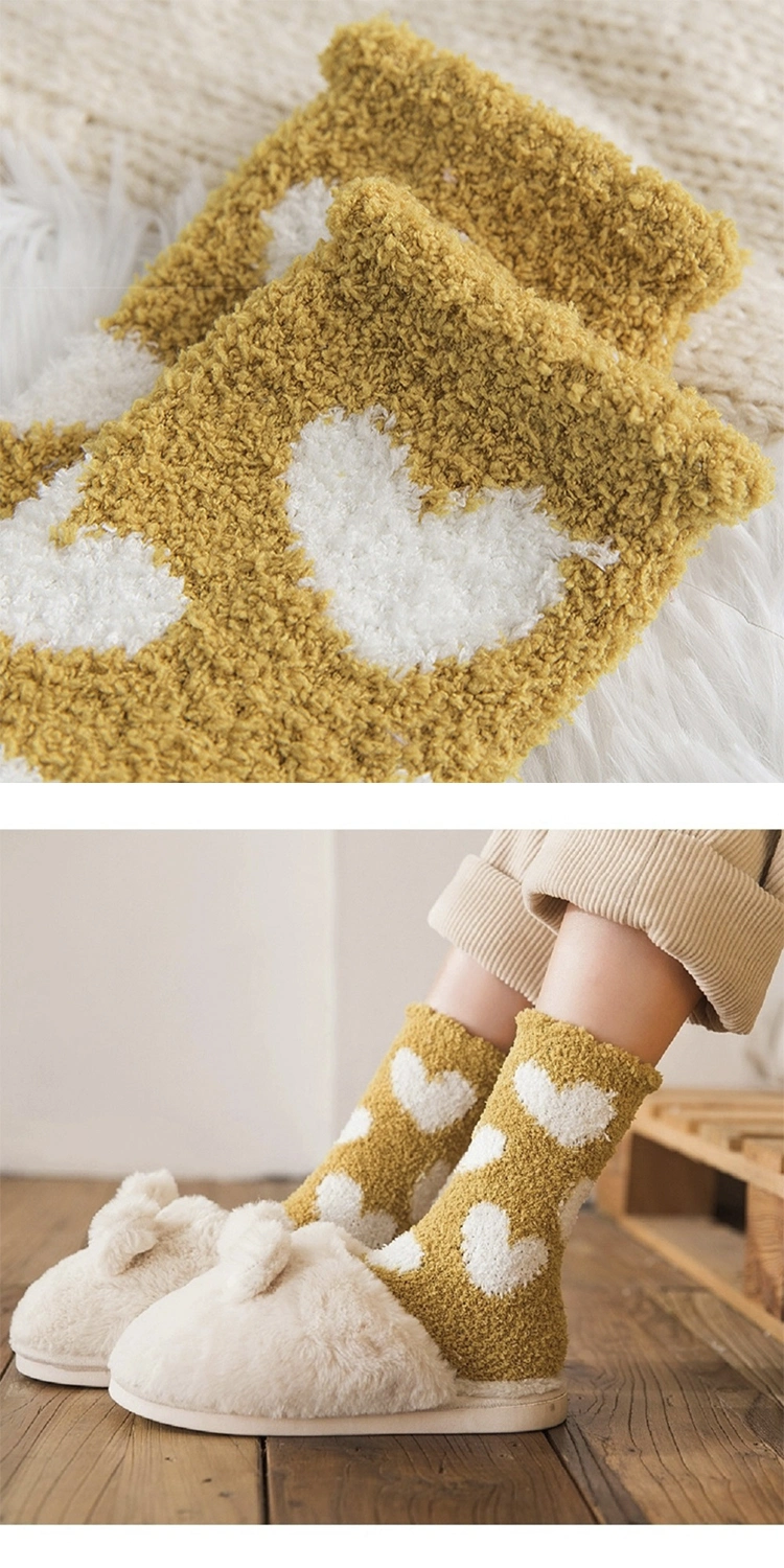 Custom Logo Indoor Bed Floor Heart Coral Thermal Warm Thick Fluffy Happy Socks