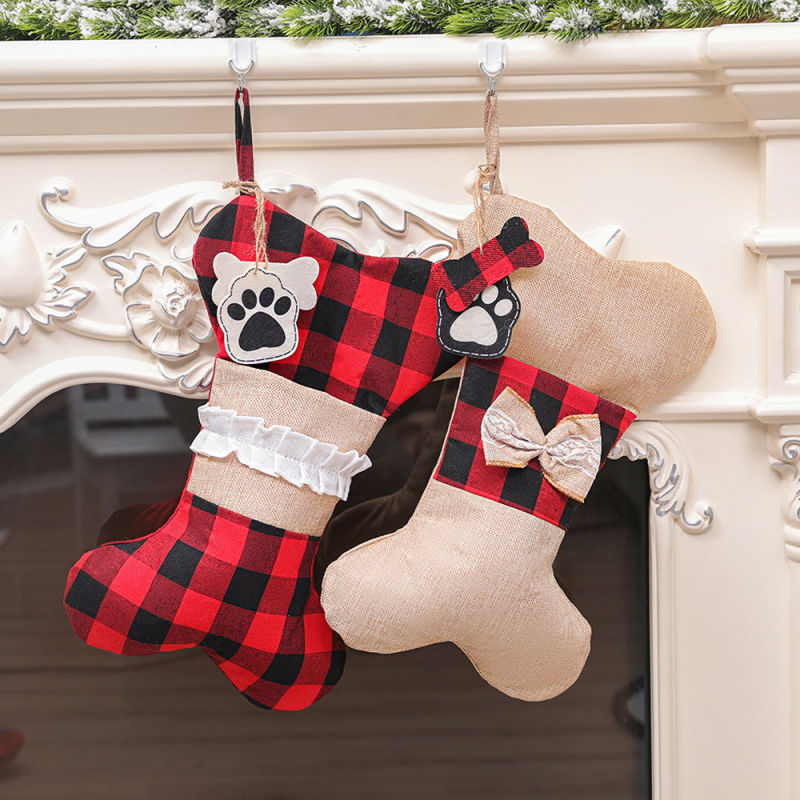 Hotsale New Design Pet Dog Bone Christmas Stocking Buffalo Plaid Christmas Stocking for Dogs