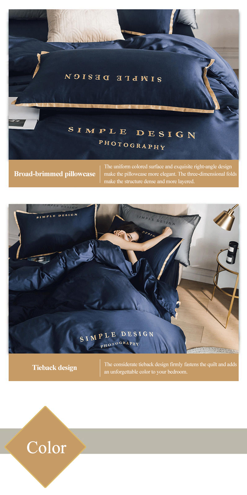 Home Textile Simple Style 4 PCS Smooth Bedding Set Dark Blue