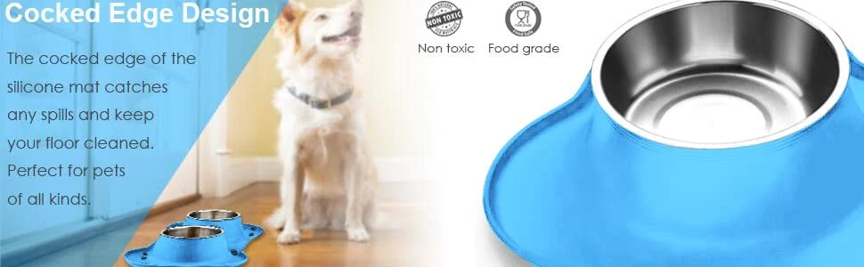 Waterproof Double Dish Stainless Steel Dog Bowl with Non-Skid Pet Dog Mat