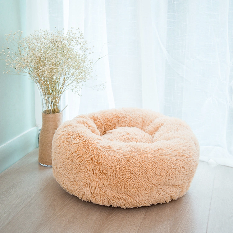 Hotsale Cute Cushion Soft Warm Colorful Long Plush Round Kennel Doughnut Dog Cat Pet Bed
