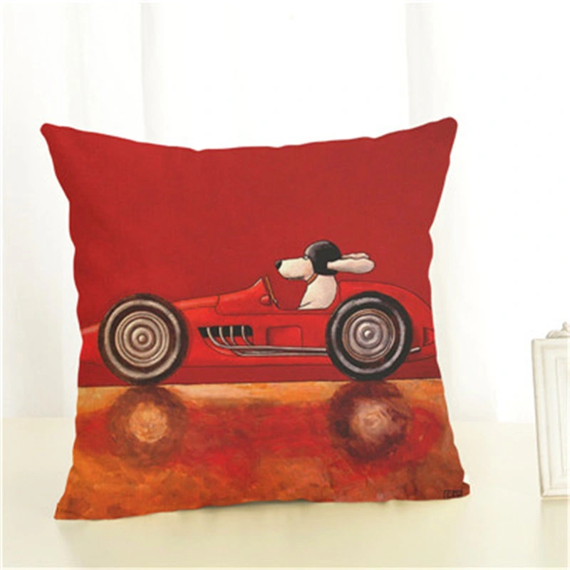 Dog Car Drive Travel Cartoon Linen Pillowcase Living Room Sofa Cushion Cover