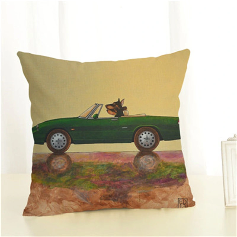 Dog Car Drive Travel Cartoon Linen Pillowcase Living Room Sofa Cushion Cover