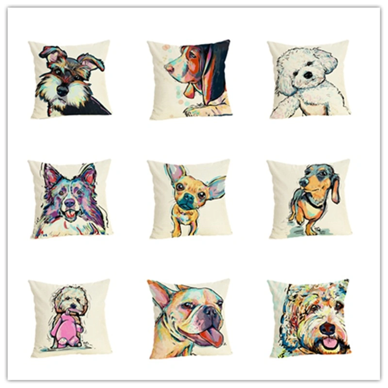 Cute Colorful Pet Dog Series Linen Pillowcase Living Room Sofa Cushion Cover