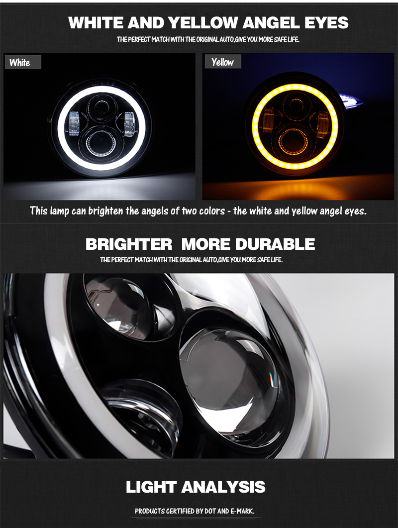 High Low Beam 12V Angle Eyes Round Motorcycles 7 Inch Round Jeep LED Headlights