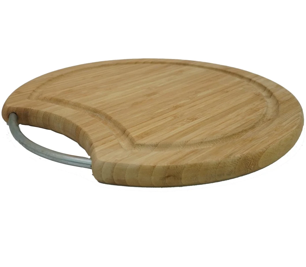 Bamboo Wood Round Cutting Board Professional Heavy Large Kitchen Block Chopping Board with Stainless Steel Handle