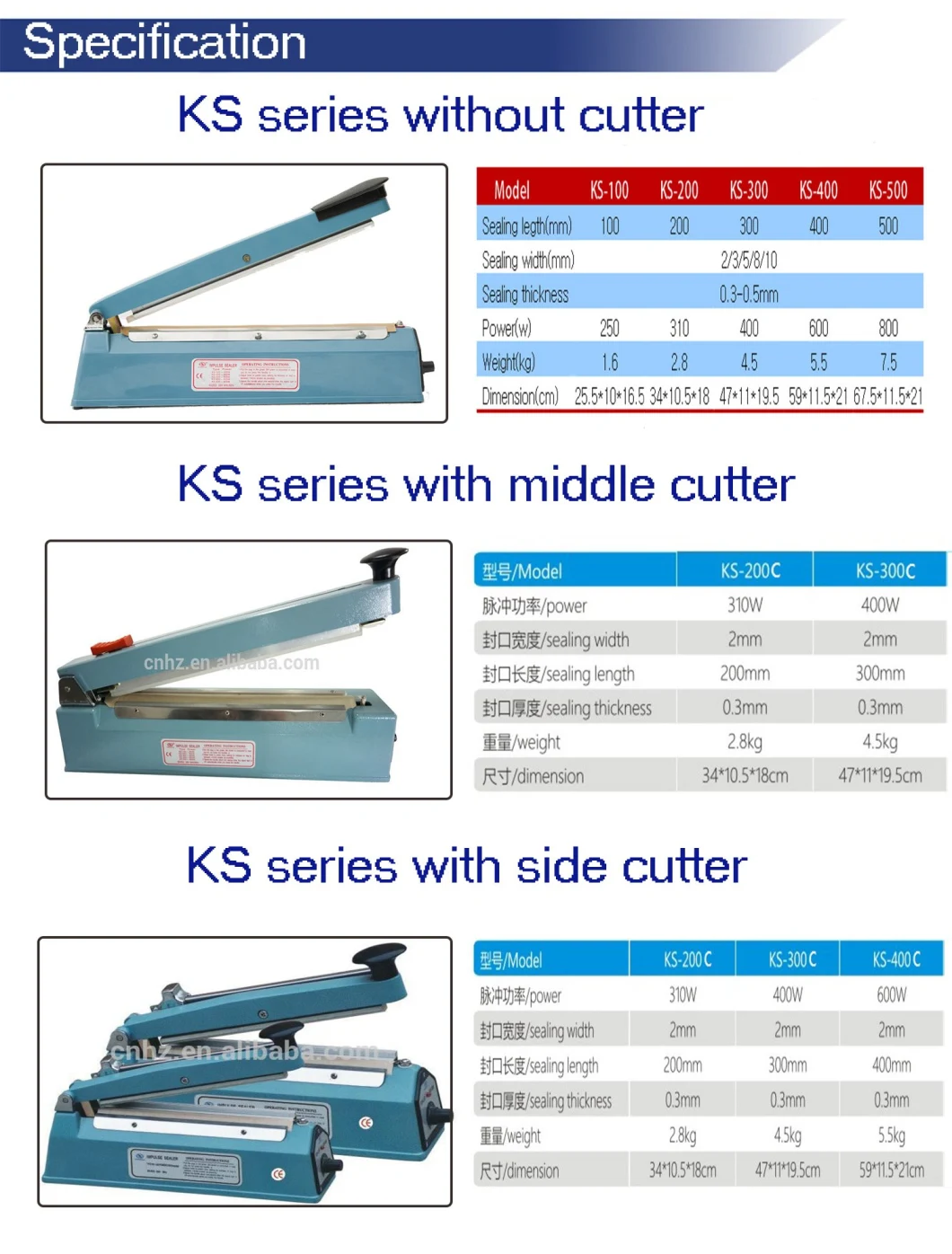 Hand Impulse Sealer with Side Cutter or Middle Cutter