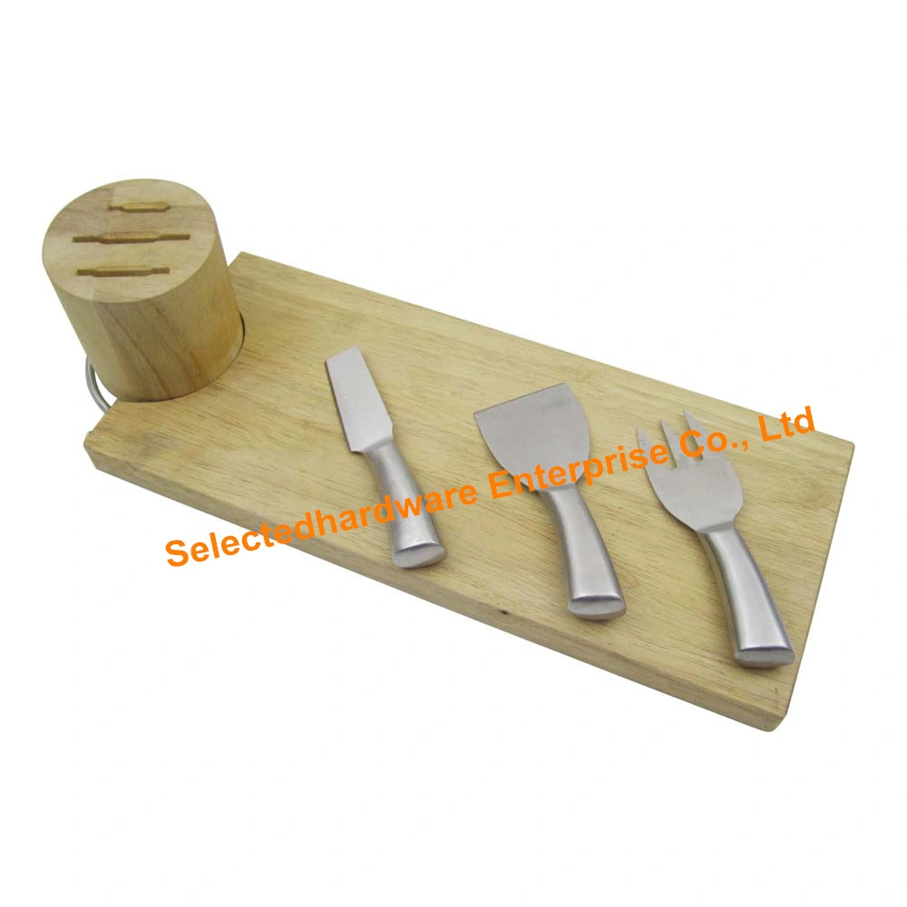 4PCS Hollow Handle Cheese Knife Set with Block and Cutting Board Set