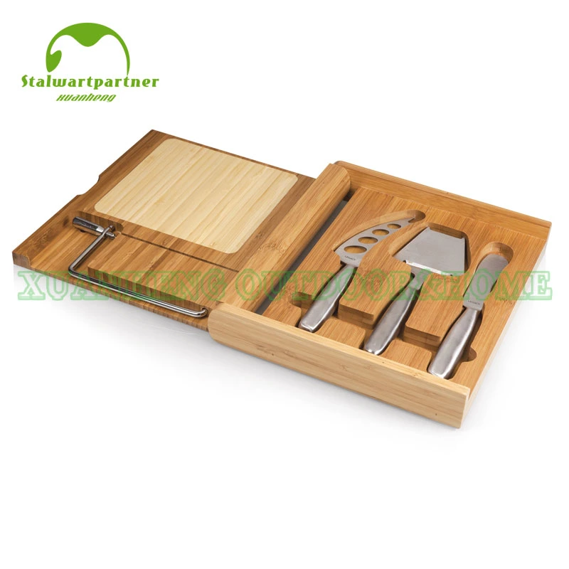 Natural Bamboo Cheese Board & Cutlery Set Cheese Serving Board Cheese Plate with Hidden Slide out Drawer