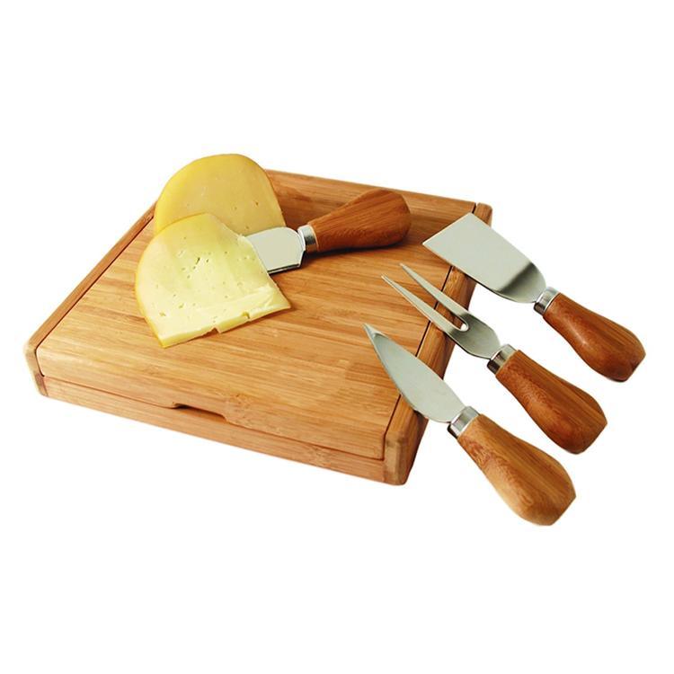 Natural Bamboo Cheese Cutting Storage Box with Cover and 4 Pieces Knife Set