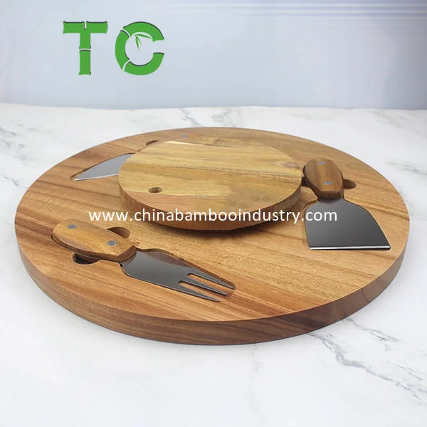 Wholesale Acacia Wood Cheese Cutting Board Set and 3 Knives