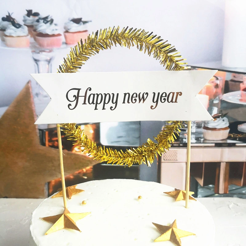 Garland Design Cake Baking Tools Home Party Decoration Hot Stamping Happy New Year Paper Cake Topper
