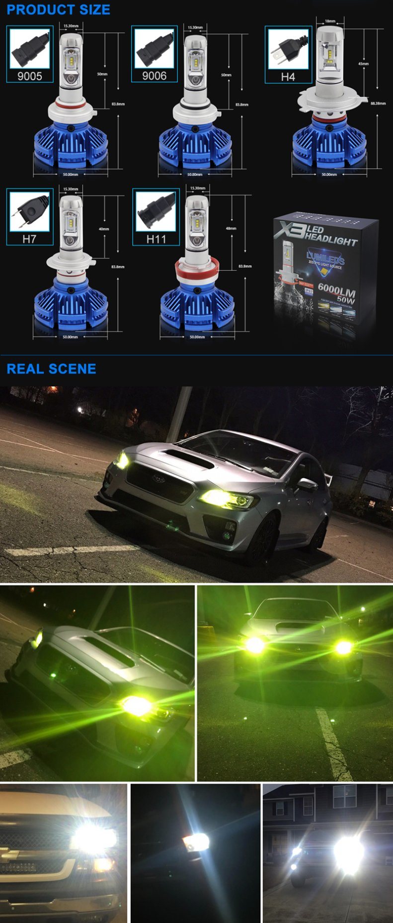H11 Bulb H7 LED Headlight 3000K X3 LED Car Headlights H4