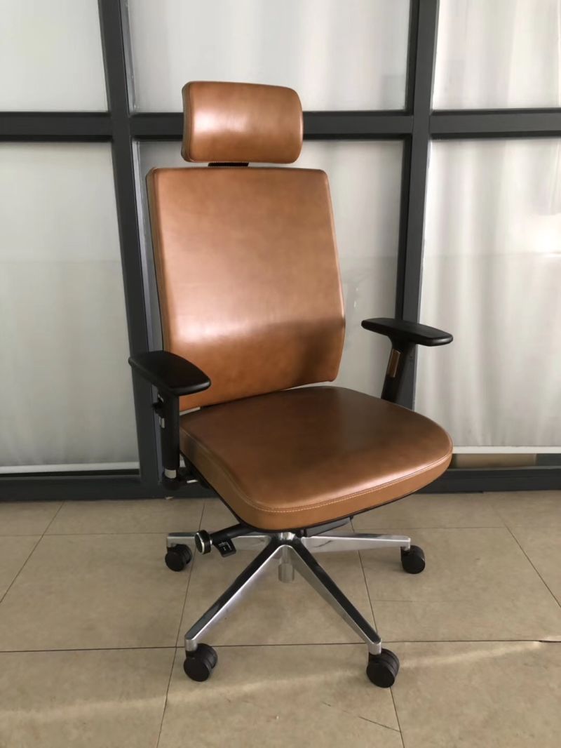 Brown Vinyl Executive Revolving Chair with Aluminum Base and Arms