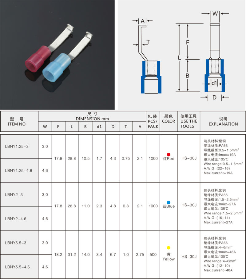 Lbny Type Nylon PA66 Pre Insulated Lipped Blade Terminal