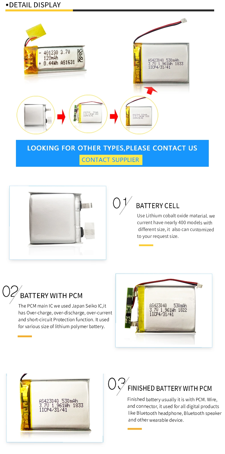 803035 Lithium Polymer Batteries Cell 800mAh OEM Supported for Bluetooth Headset