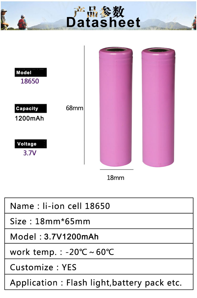 18650 Lithium Ion Battery Cell 3.7V 1200mAh