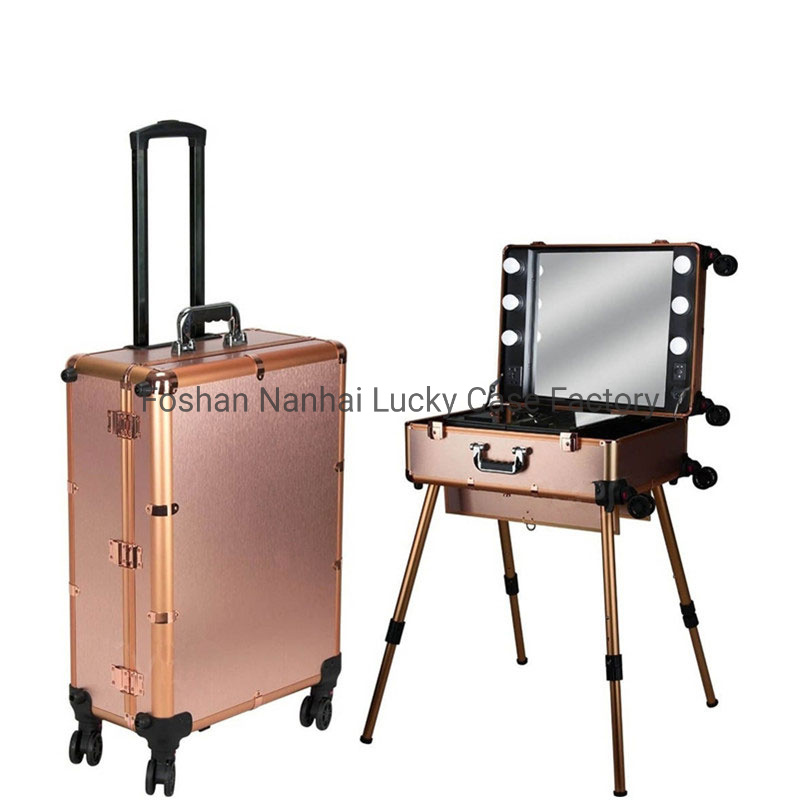 Rose Gold LED Lights Rolling Makeup Case with Bluetooth Speakers and Lighted Mirror