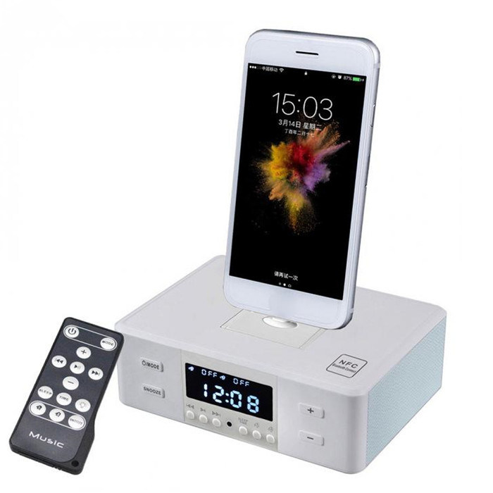 Hotel Alarm Clock Radio NFC Charging Docking Station Bluetooth Speaker for iPhone Plug in