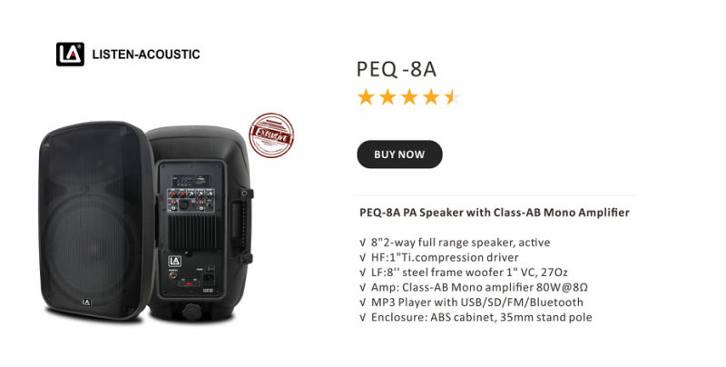 Peq-8A-Active PA Speaker with Class-Ab Mono Amplifier Portable Bluetooth Speaker