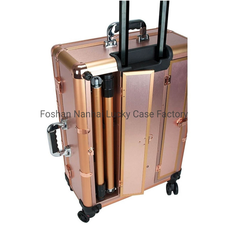 Rose Gold LED Lights Rolling Makeup Case with Bluetooth Speakers and Lighted Mirror